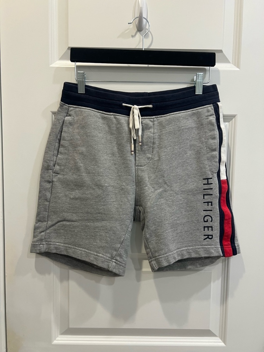 Tommy Hilfiger Gray Athletic Shorts with Navy Waistband and Red and White Stripe